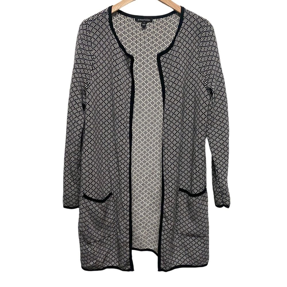 41 Hawthorn Women Small Open Front‎ Cardigan Duster Black White Pockets Strecth